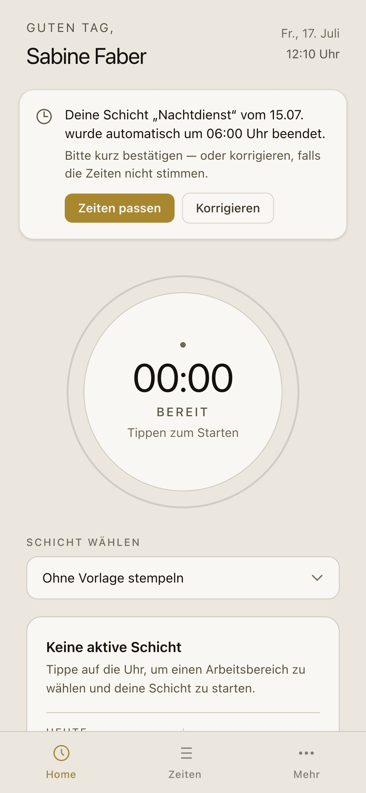 Dashboard-Hinweis nach automatischem Schichtende mit den Optionen „Zeiten passen" und „Korrigieren"