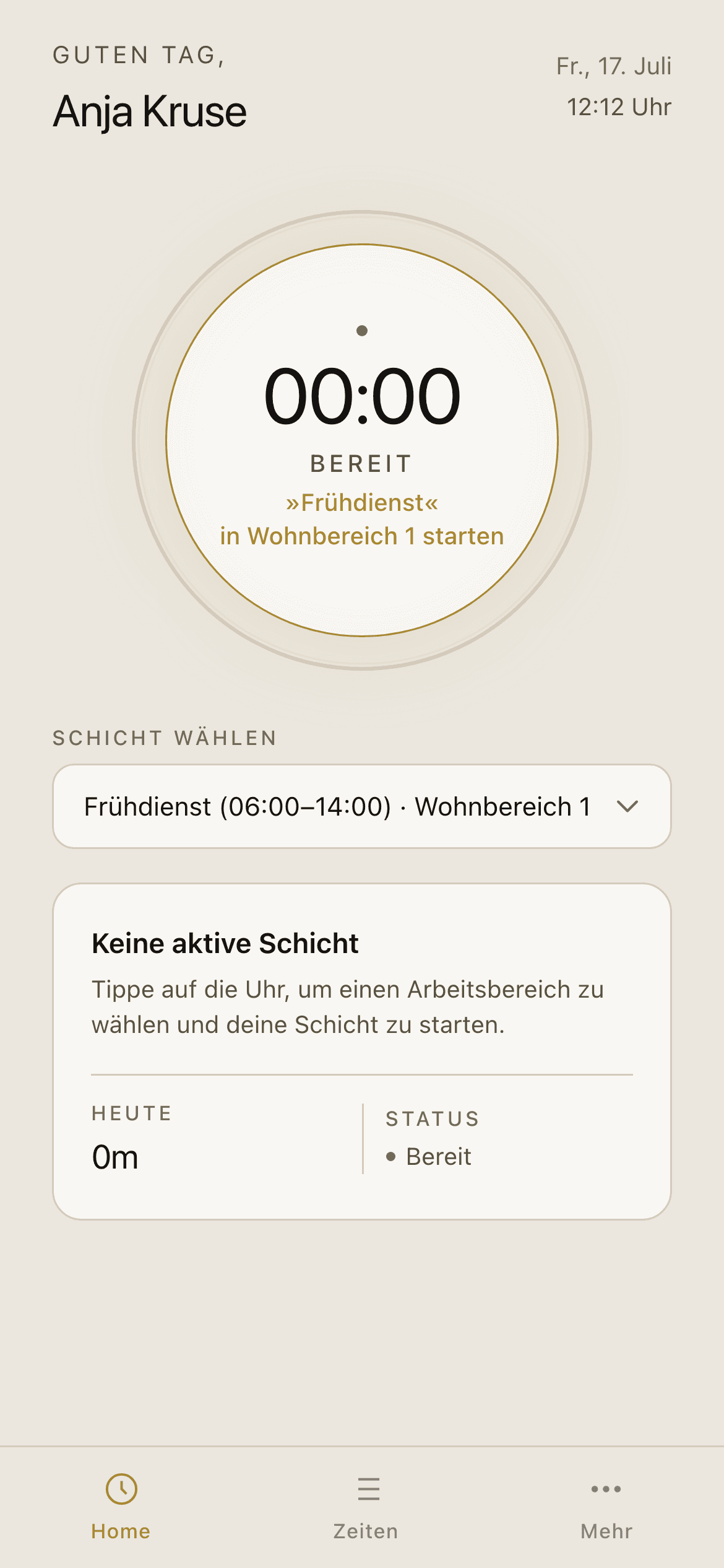 Dashboard mit auswählbarer Schichtvorlage und Button „Schicht starten"