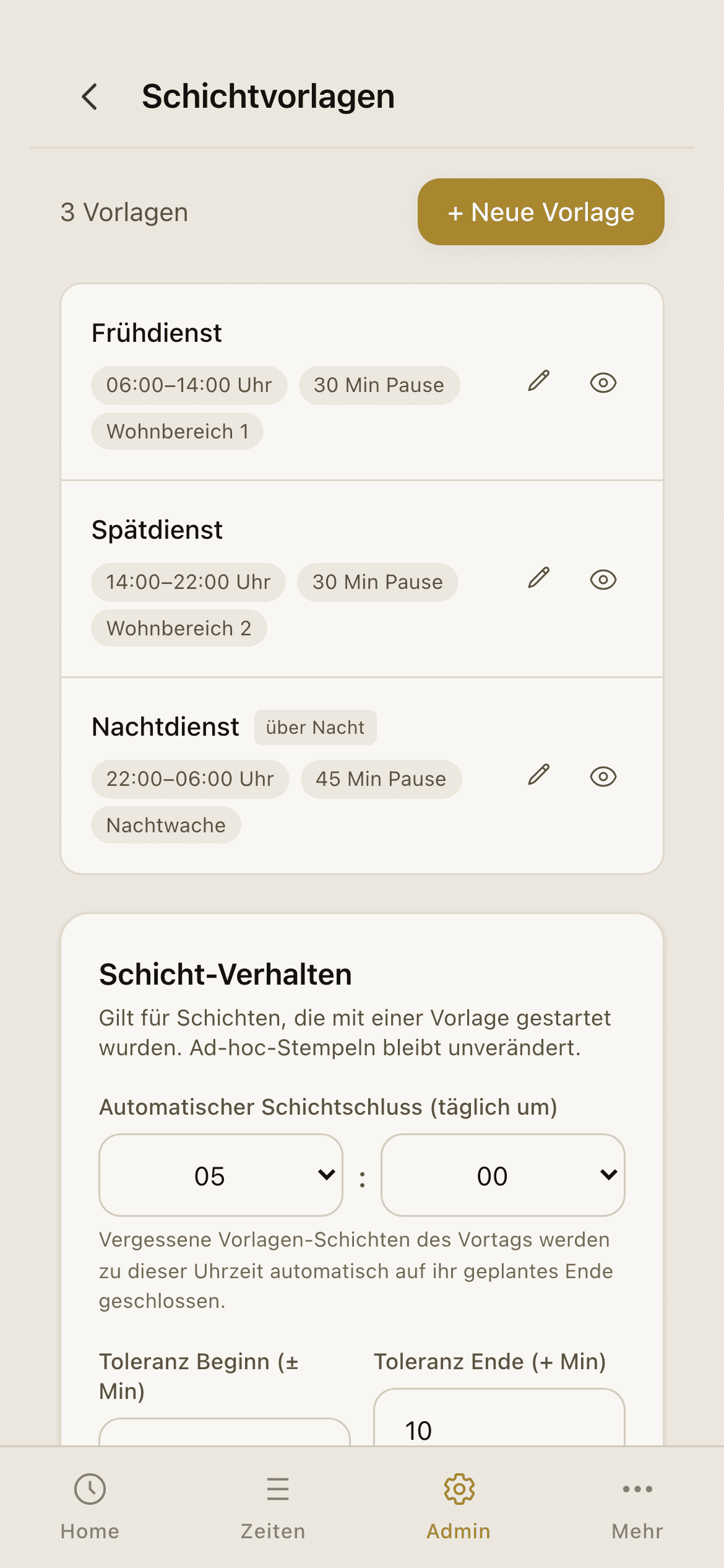 Schichtvorlagen-Übersicht im Admin-Bereich mit Früh-, Spät- und Nachtdienst
