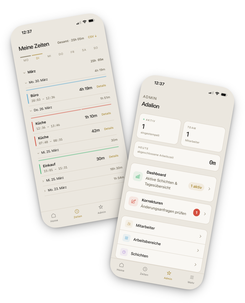 LogClock App - Arbeitszeitenübersicht und Admin-Dashboard auf dem Smartphone